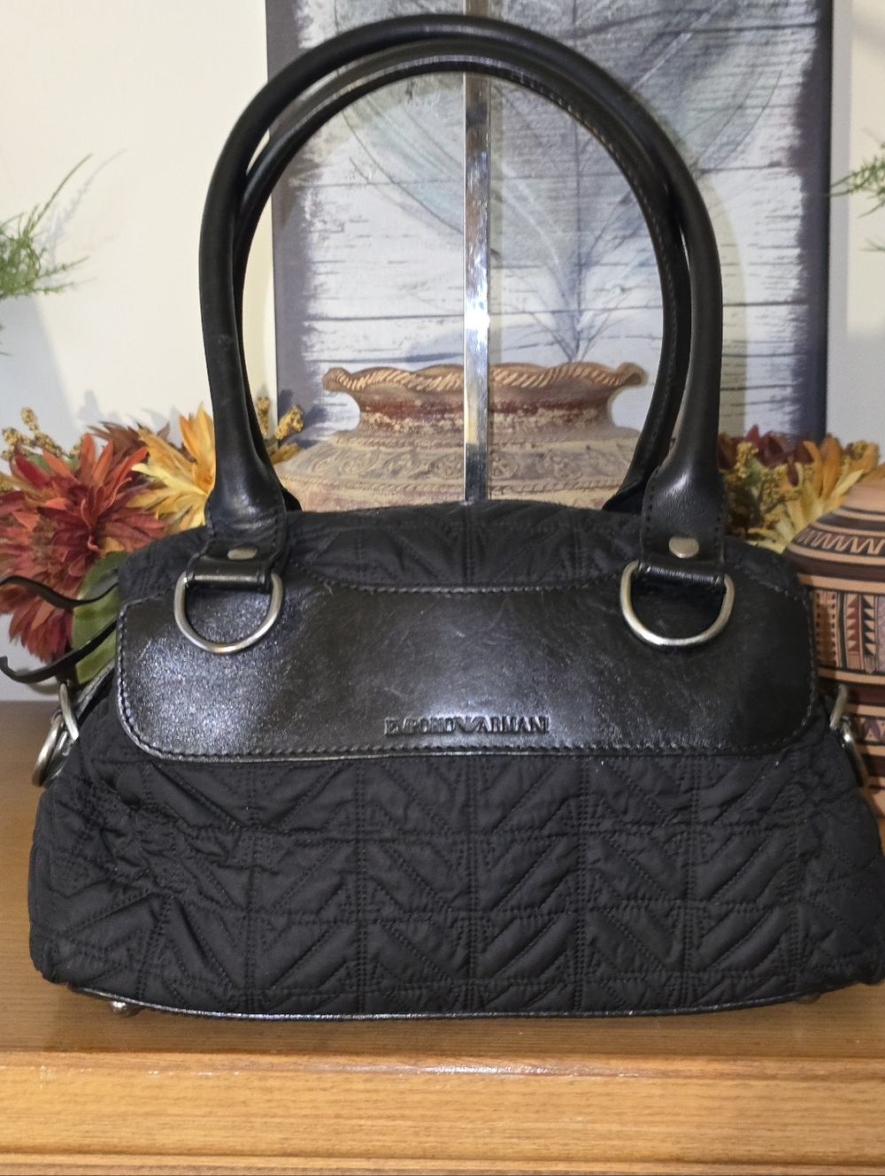 Emporio Armani Black Quilted Bag With Black Leather Trim. EUC